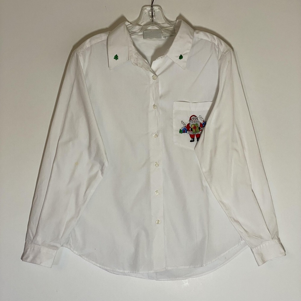 Basic Editions Holiday Top Womens Medium White Santa Embroidered Christmas